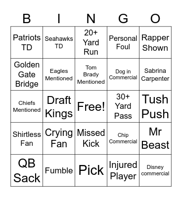 Superbowl Bingo Card