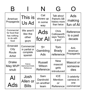 Super Bowl LX Bingo Card