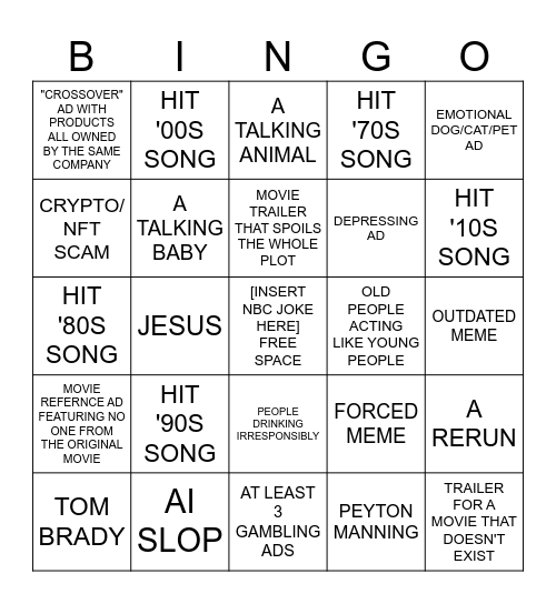 Super Bowl Commercial Bingo Card