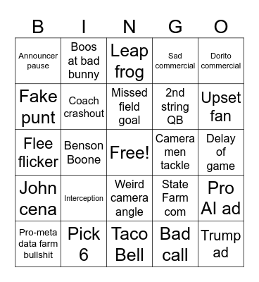 Super Bowl Bingo Card