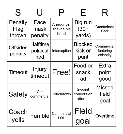 Super Bowl Bingo Card