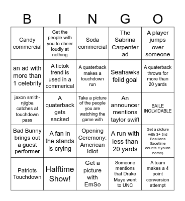3rd Beall Superbowl 2026 Bingo Card