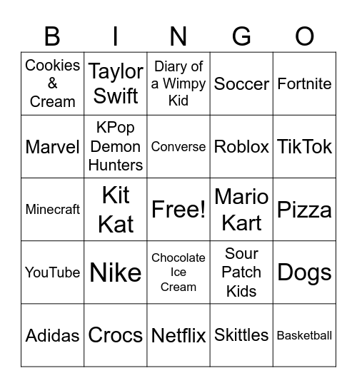 Favorite Things Bingo Card