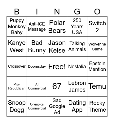 Superbowl Commercials Bingo Card