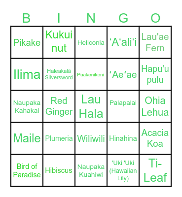 Native Hawaiian Plants Bingo Card