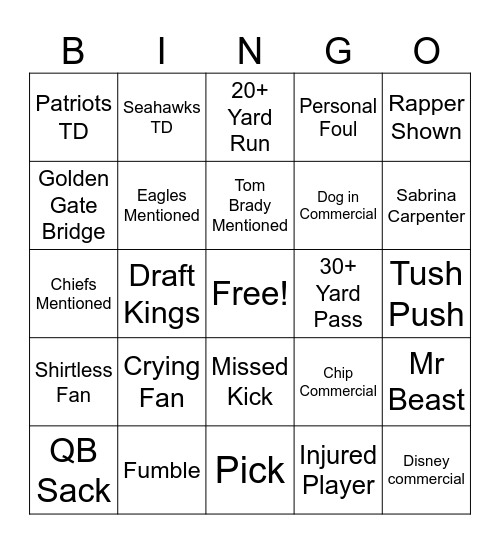 Superbowl Bingo Card