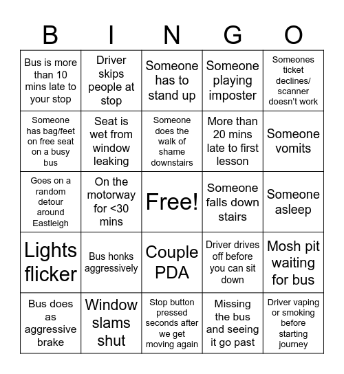 Barton Bus Bingo Card