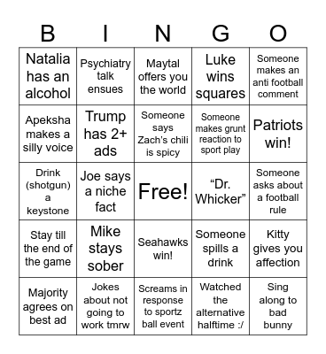 IoL Super Bowl Bingo Card