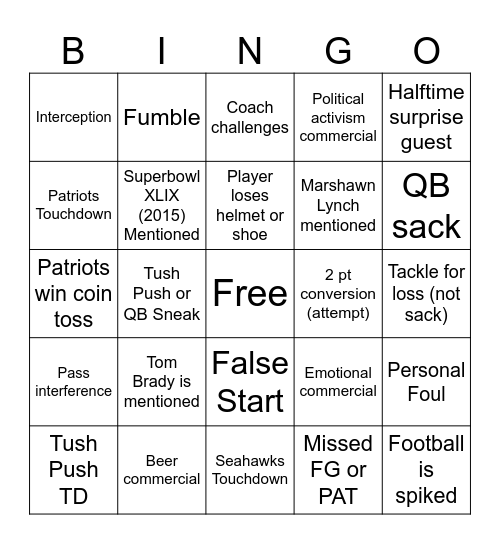 Super Bowl LX Bingo Card