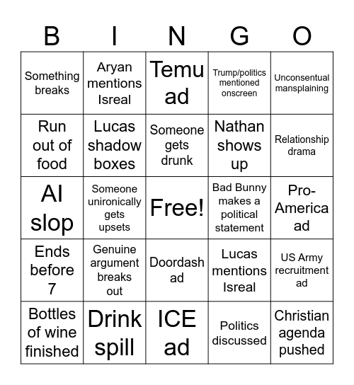 Superbowl Bingo Card