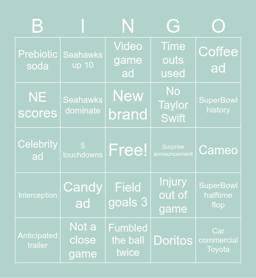 SuperBowl 2026 Bingo Card