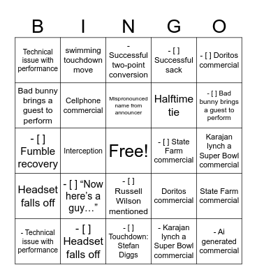 Super Bowl 60 BINGO Card