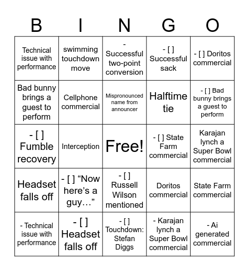 Super Bowl 60 BINGO Card
