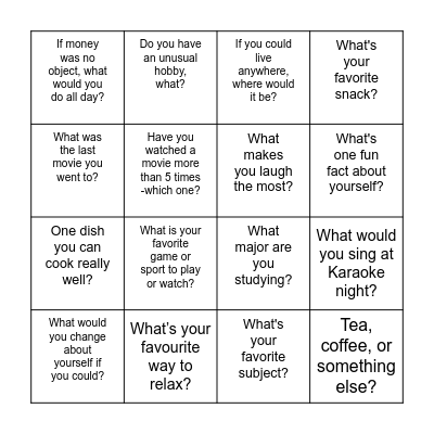 SCIE10005  Ice Breaker Bingo Card