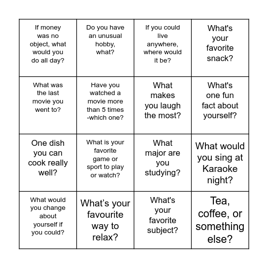 SCIE10005  Ice Breaker Bingo Card