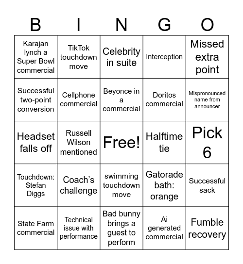 Super Bowl 60 BINGO Card