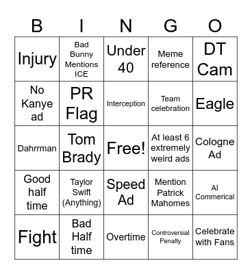2025 Super Bowl Bingo Card