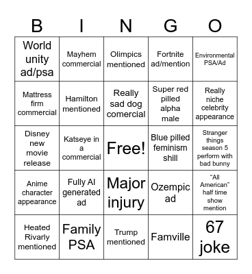 Super Bowl Bingo Card