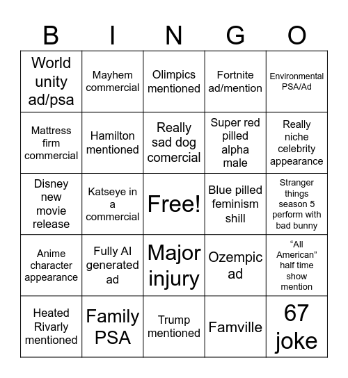 Super Bowl Bingo Card