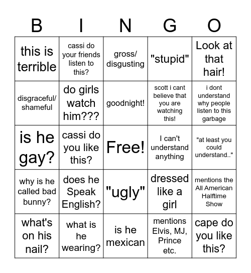 Bad Bad Bunny Boomer commentary Bingo Card