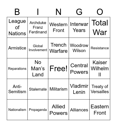 Unit 6: WWI & Interwar Vocabulary Bingo Card