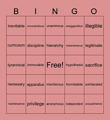 BINGO WORDS Bingo Card