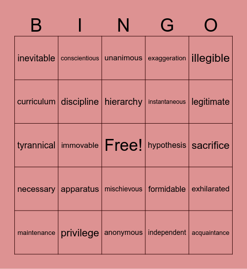 BINGO WORDS Bingo Card