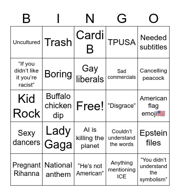 Super Bowl Halftime Show 2026 Bingo Card