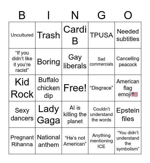 Super Bowl Halftime Show 2026 Bingo Card