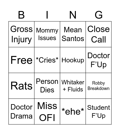 The Pitt Bingo Card