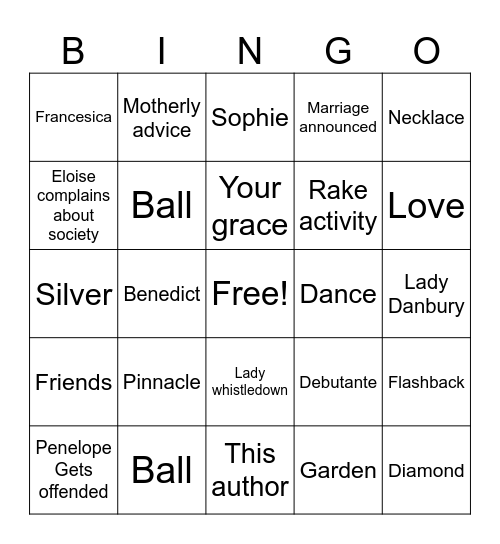 Bridgerton Bingo Card