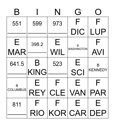 Call Number Bingo Card