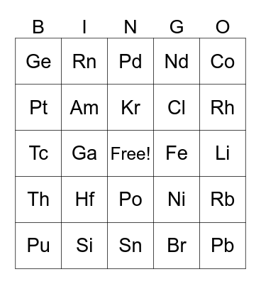 Periodic table bingo Card