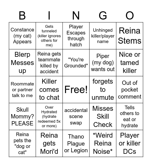 Reina's Drinking DBD Stream Bingo Card