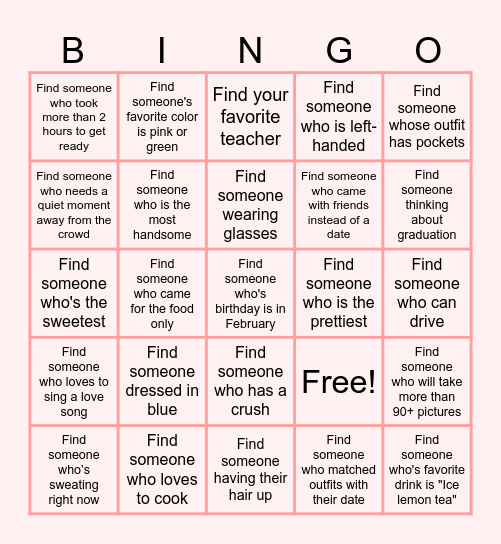 Valentines Banquet BINGO Card