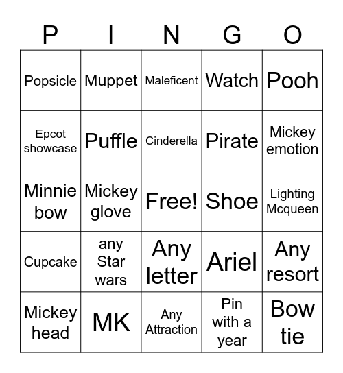 Magic Kingdom Bingo Card