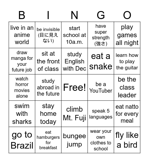 Would you like to...? Bingo Card