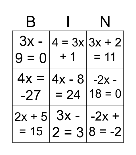 BINGO DAS EQUAÇÕES Bingo Card