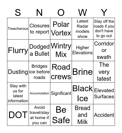 Snow Bingo (or adult beverages game)! Bingo Card