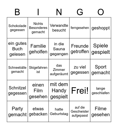 Was hast du in den Winterferien gemacht? Bingo Card