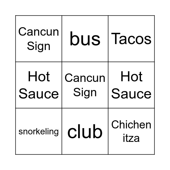 Daily Cancun Activities! Bingo Card