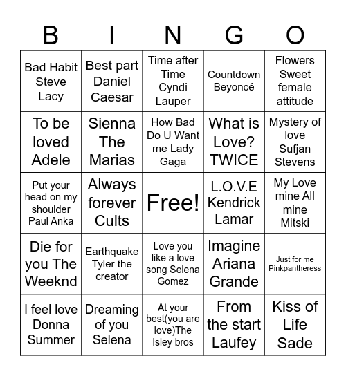 Love songs Bingo Card