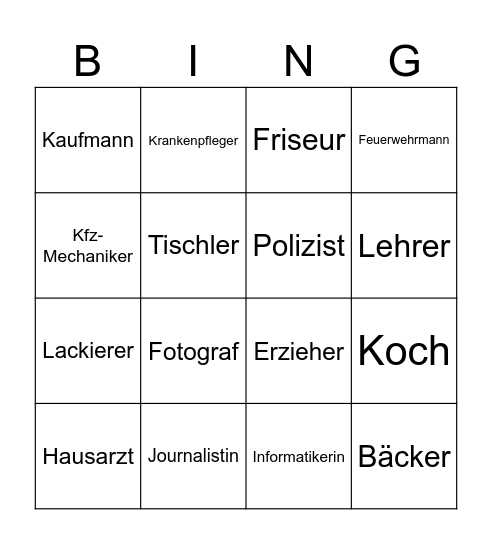 Berufe Bingo Card