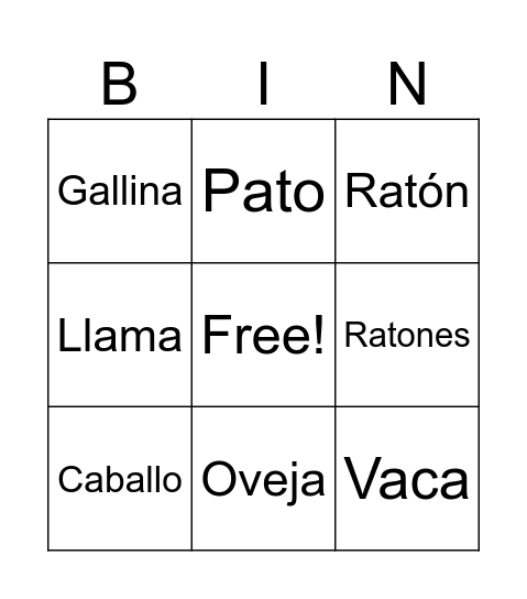 Animals Bingo Card