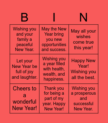 New Year Wishes Bingo Card