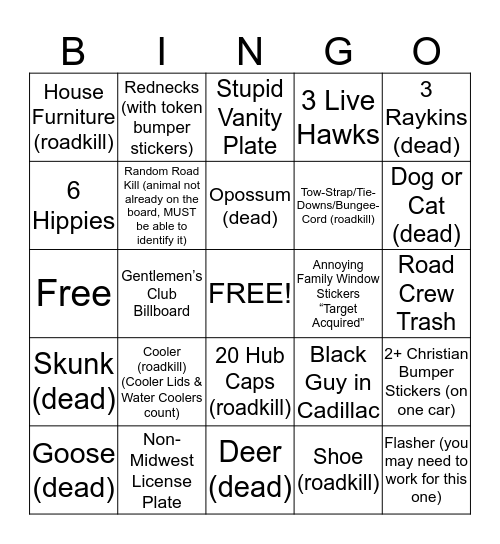 Road Kill  Bingo Card
