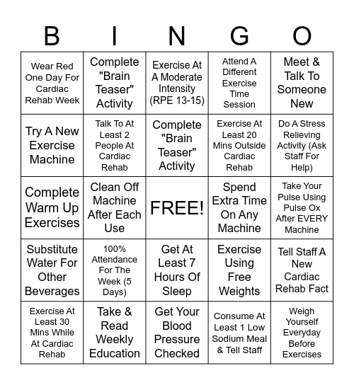 JMH Cardiac Rehab (PHASE 3) Bingo Card