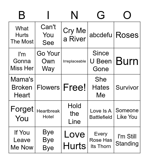 Love Hurts Bingo Card