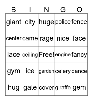 Hard and Soft C and G Bingo Card