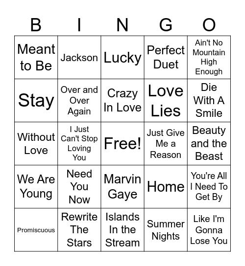 Cupid's Duets Bingo Card